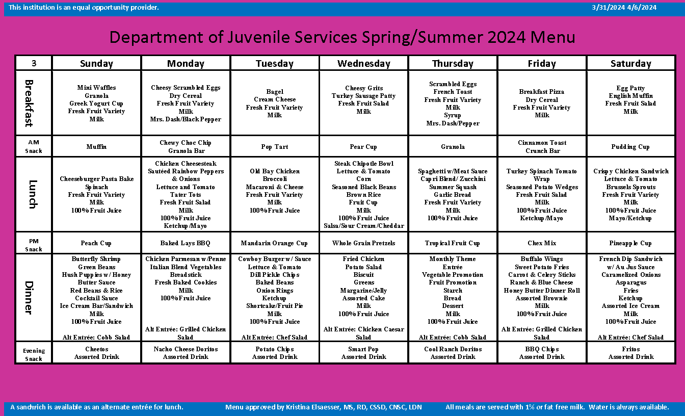Department of Juvenile Services Menu March 31 2024