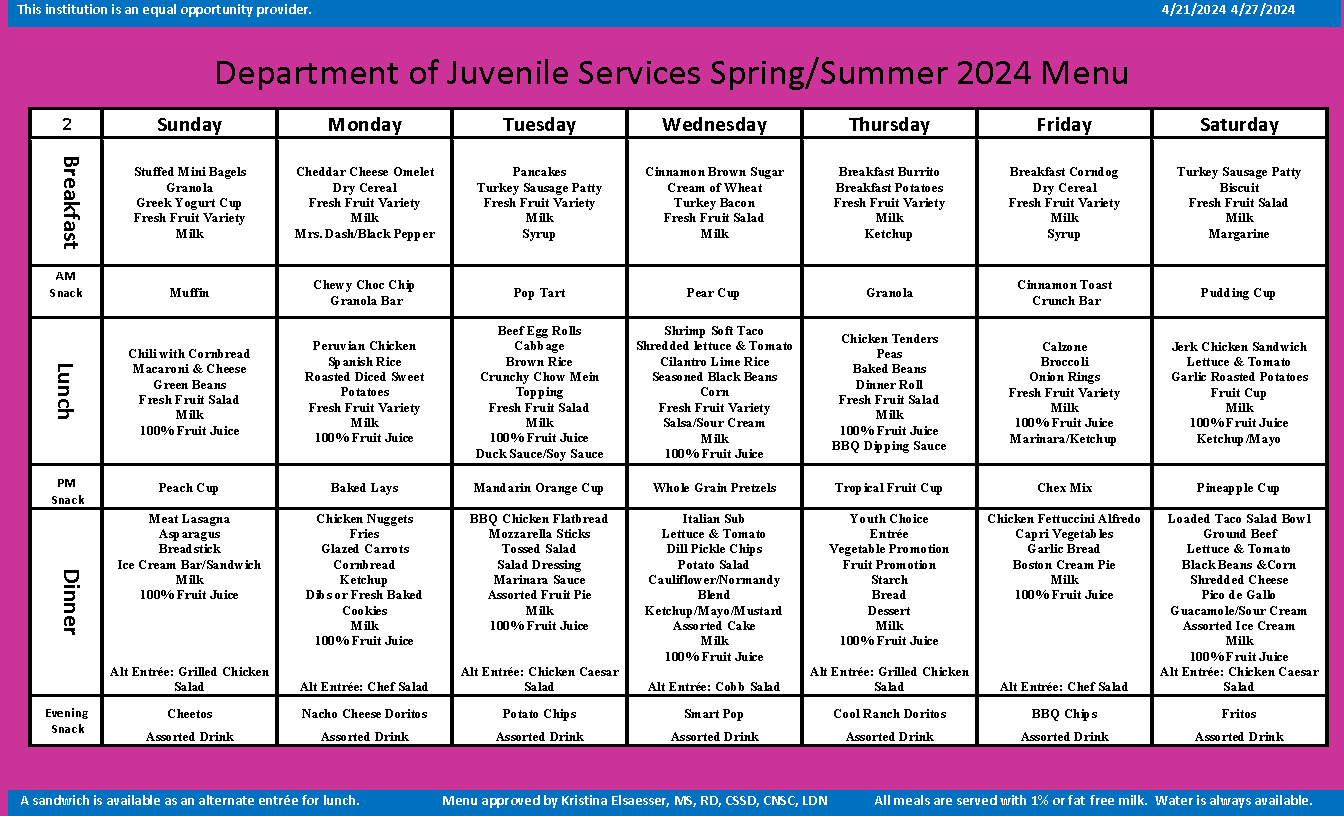 Department of Juvenile Services Menu April 21 2024