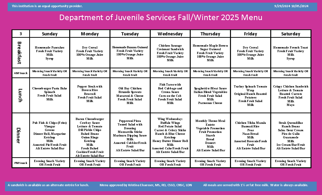 Department of Juvenile Services Menu September 29 2024