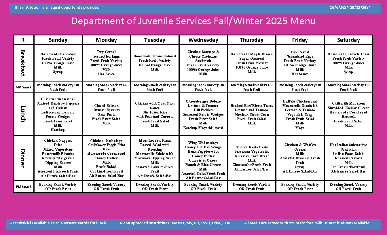 Department of Juvenile Services Menu October 6 2024