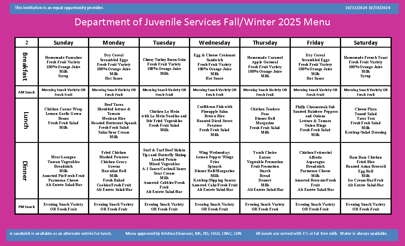 Department of Juvenile Services Menu October 13 2024