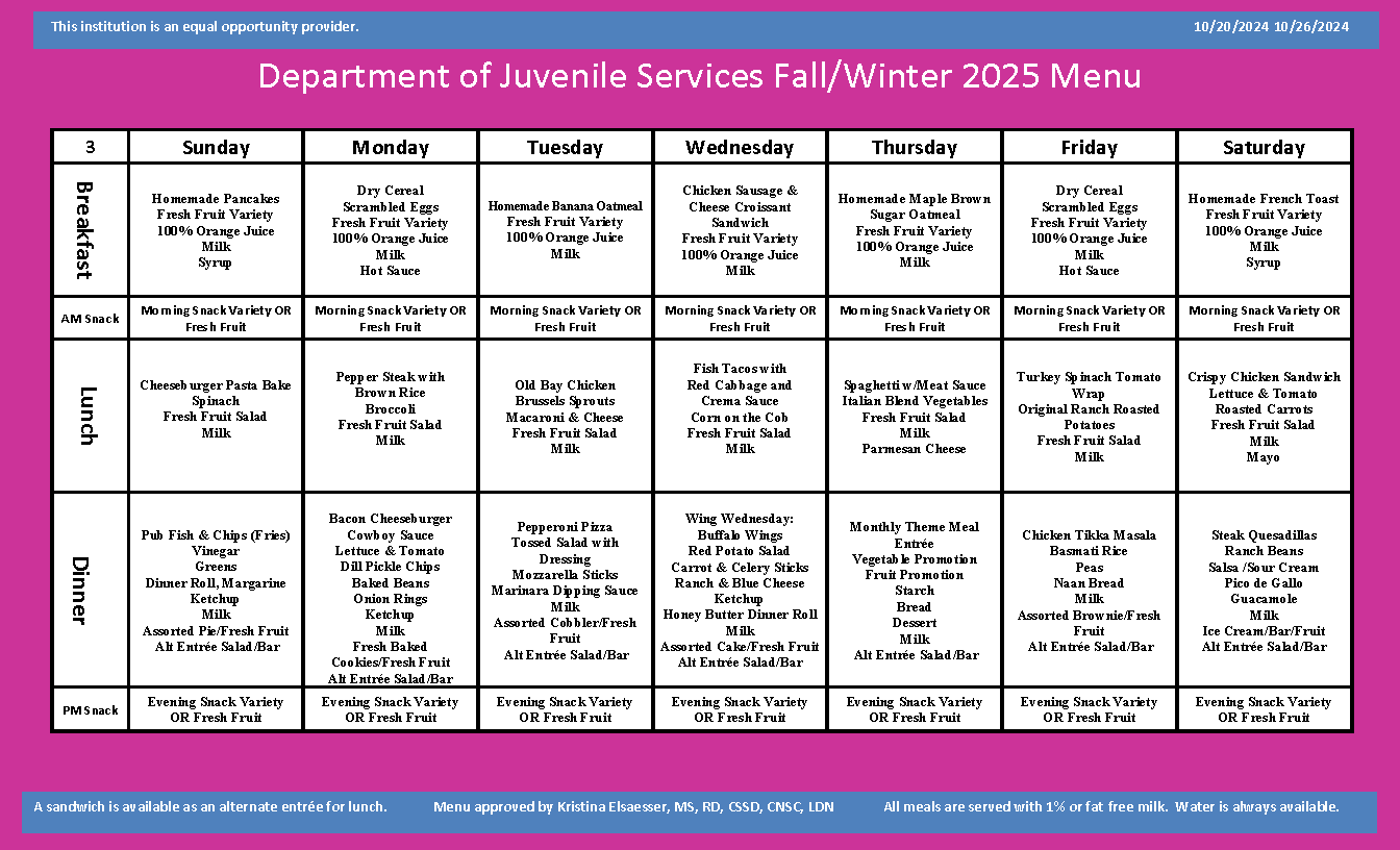 Department of Juvenile Services Menu October 20 2024