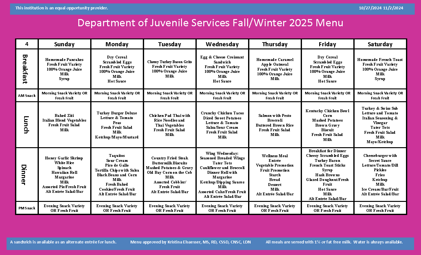 Department of Juvenile Services Menu October 27 2024