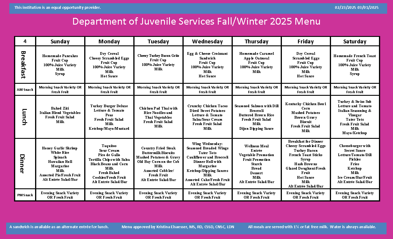 Department of Juvenile Services Menu February 23 2025