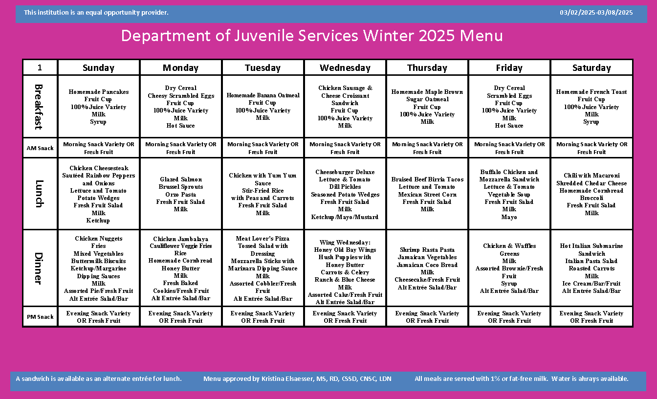 Department of Juvenile Services Menu March 2 2025