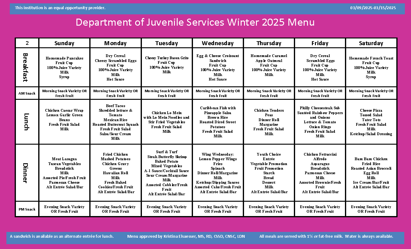 Department of Juvenile Services Menu March 9 2025