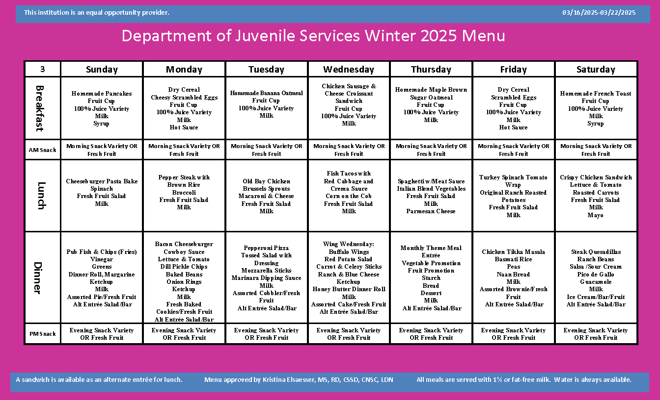 Department of Juvenile Services Menu March 16 2025