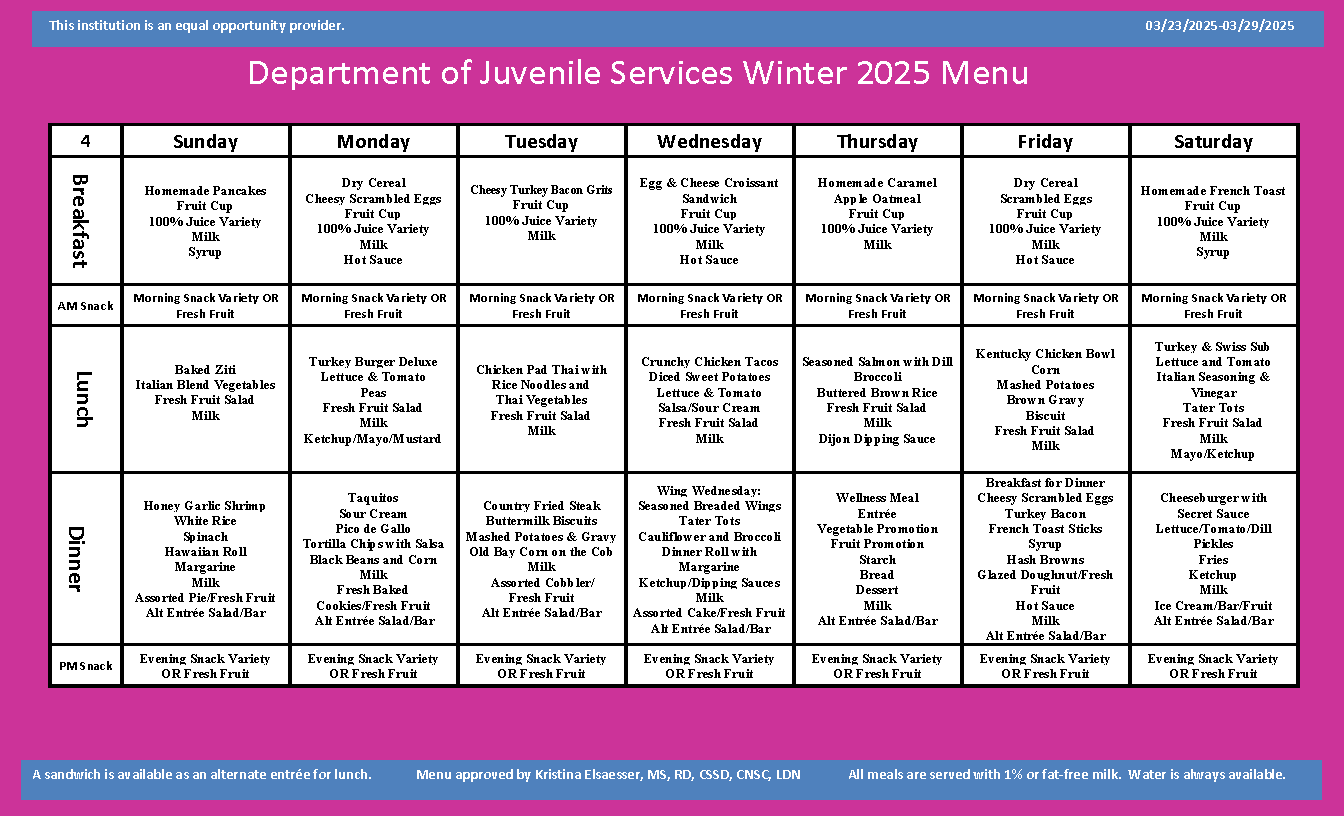 Department of Juvenile Services Menu March 22 2025