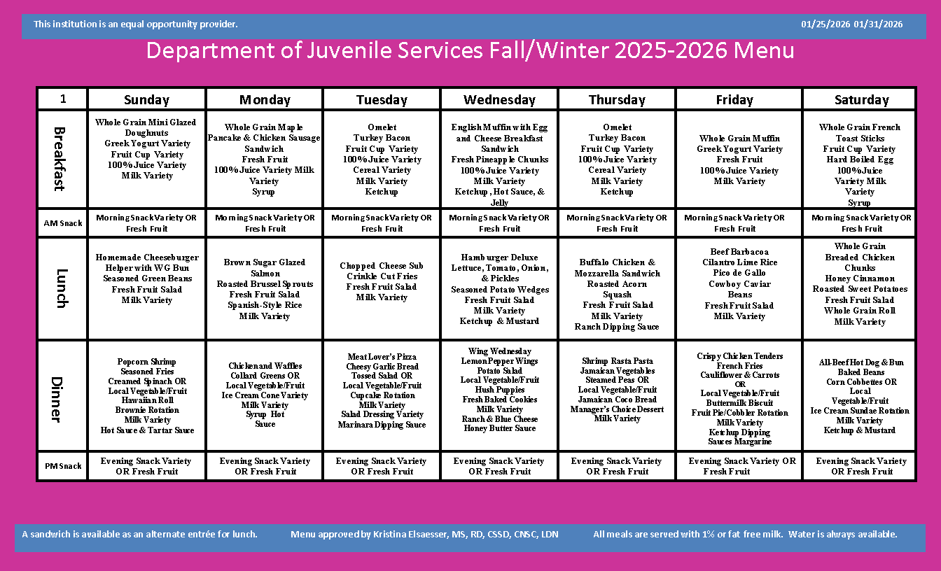 Department of Juvenile Services Menu January 25 2026