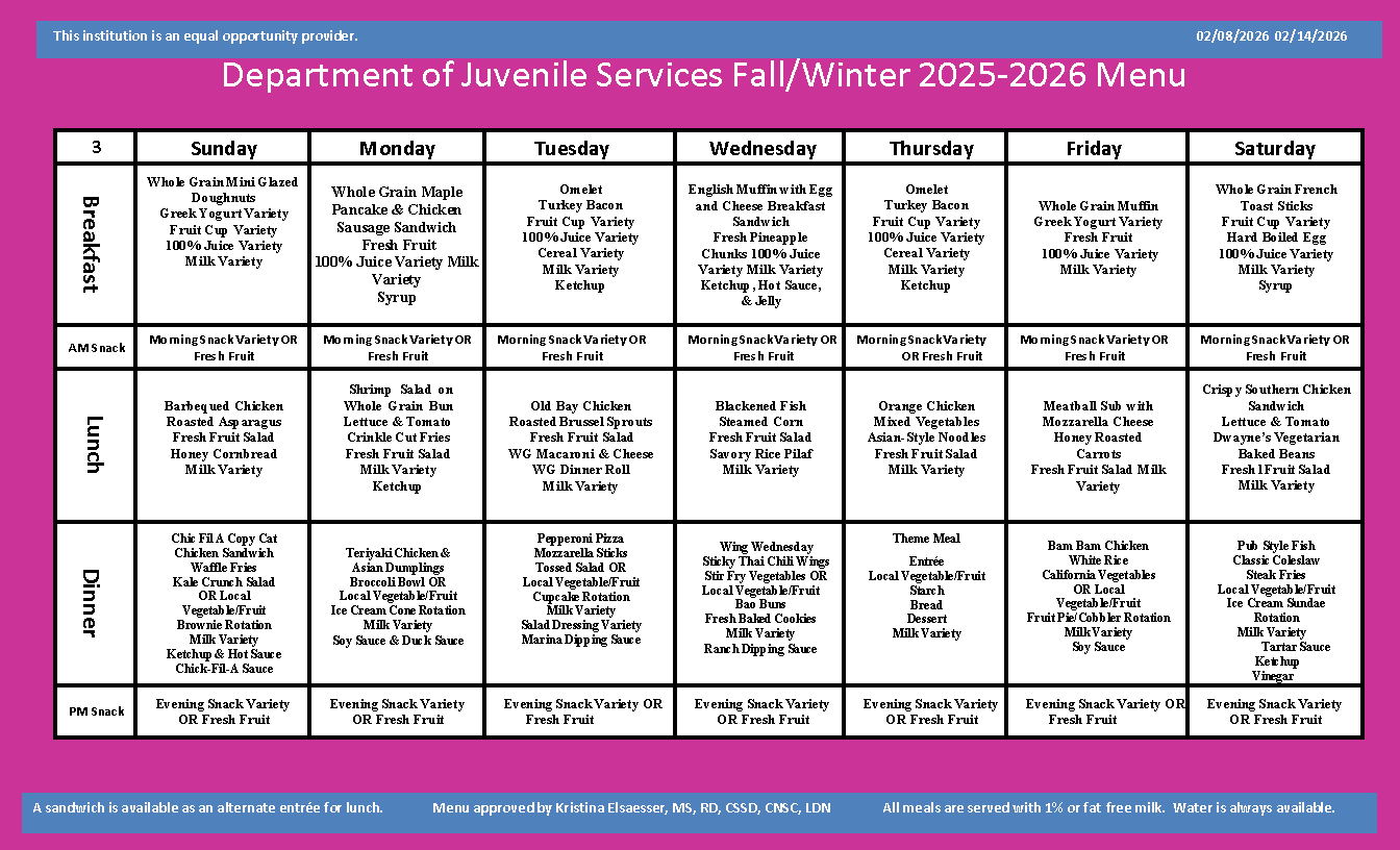 Department of Juvenile Services Menu February 8 2026