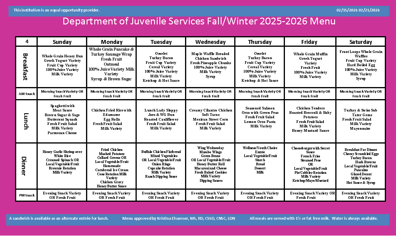 Department of Juvenile Services Menu February 15 2026