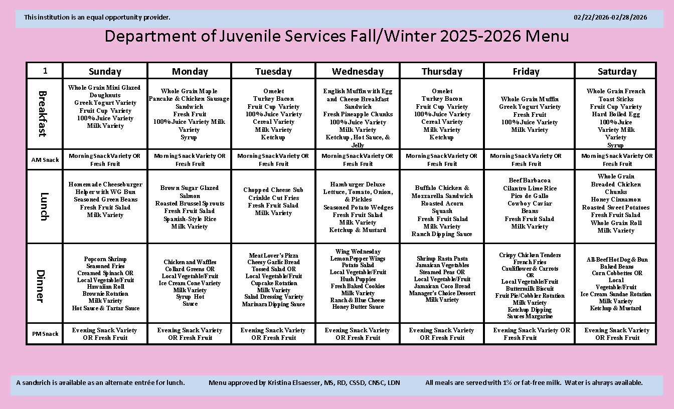 Department of Juvenile Services Menu February 22 2026