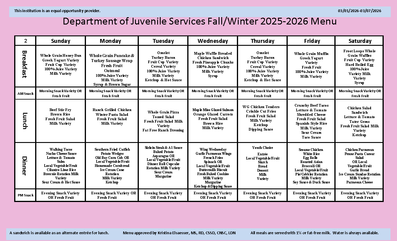 Department of Juvenile Services Menu March 1 2026