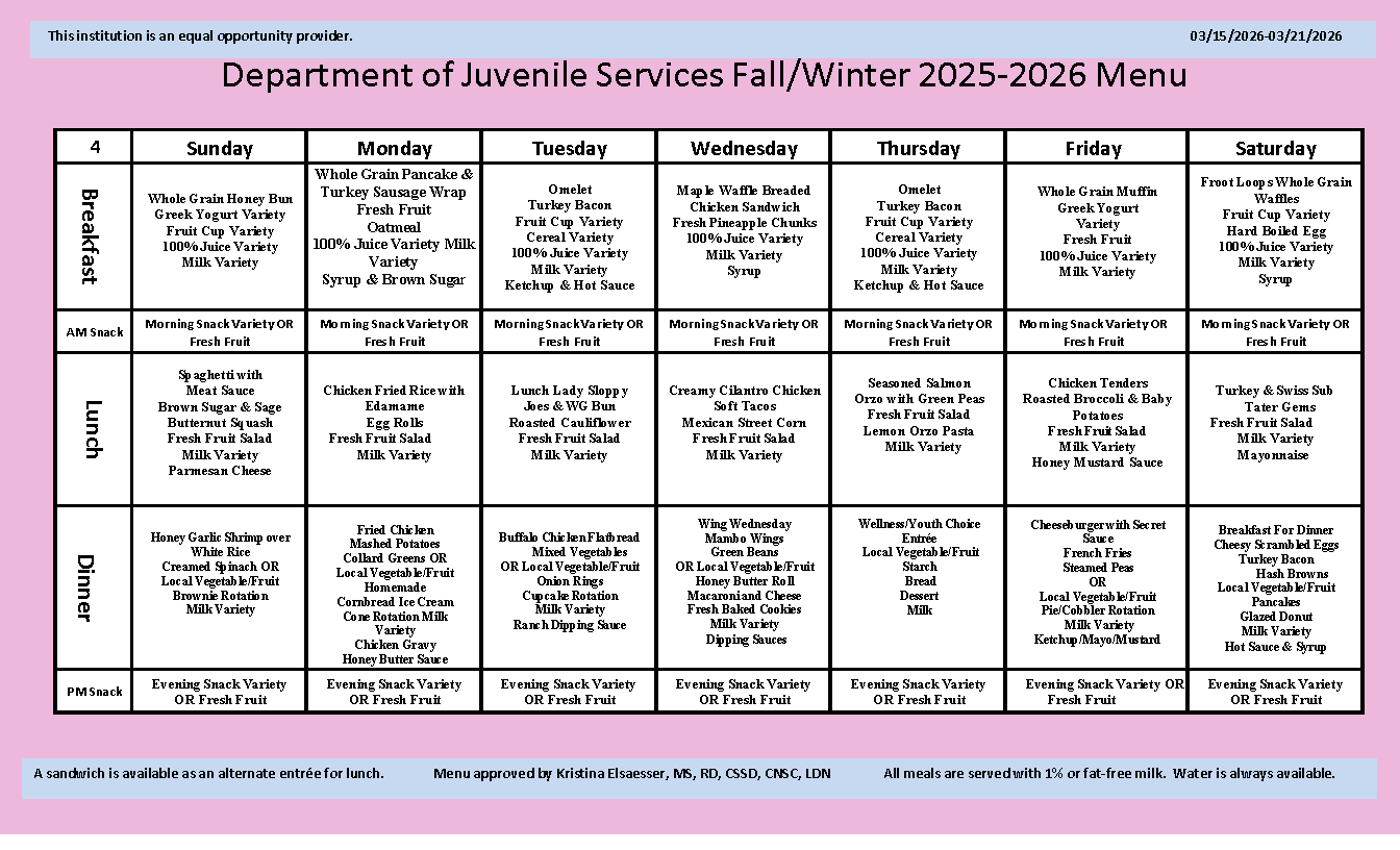 Department of Juvenile Services Menu March 15 2026