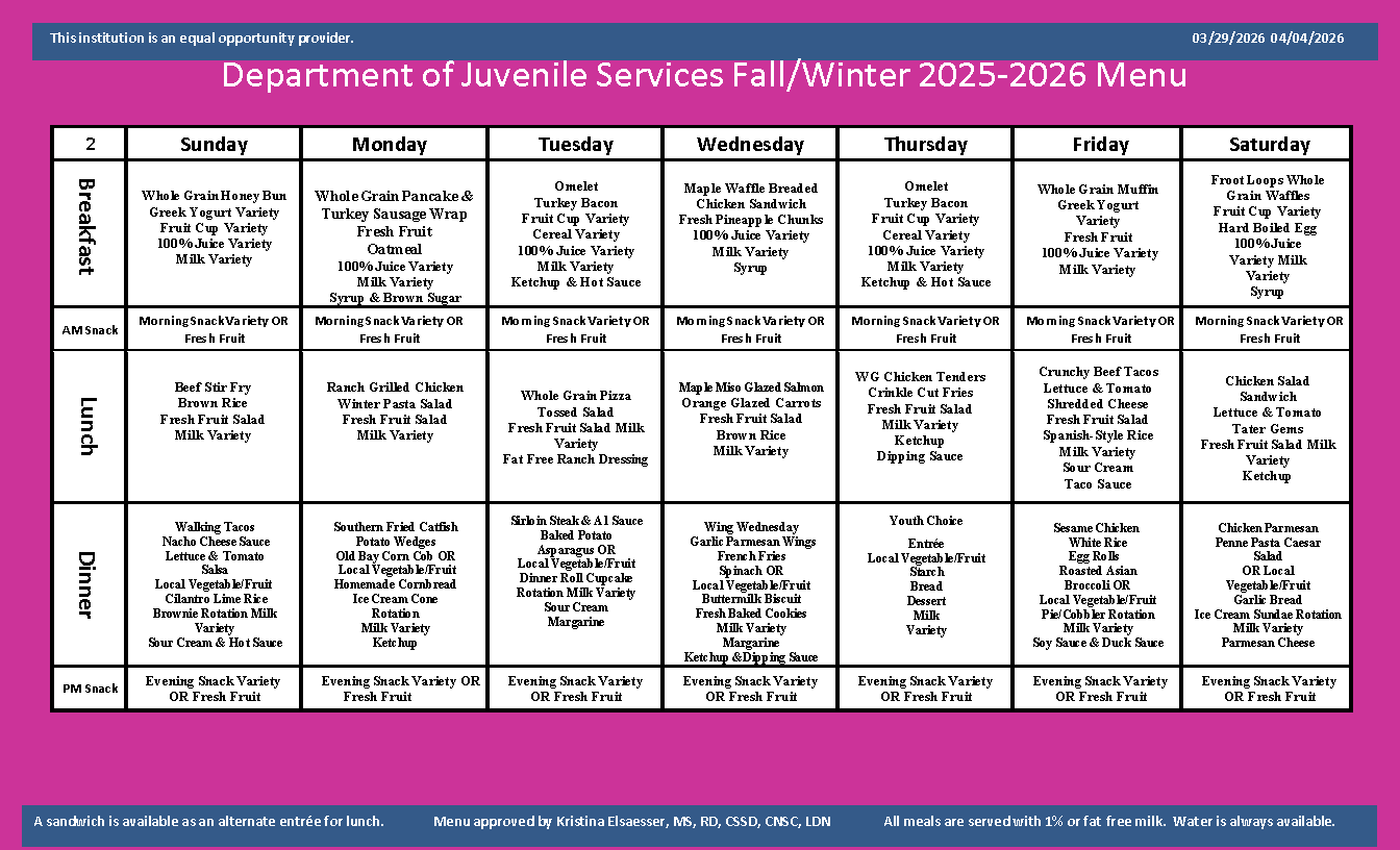 Department of Juvenile Services Menu March 29 2026