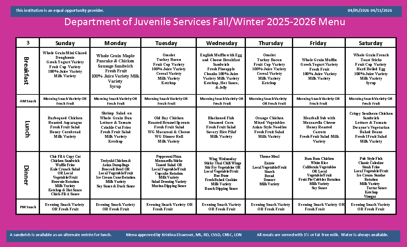 Department of Juvenile Services Menu April 11 2026