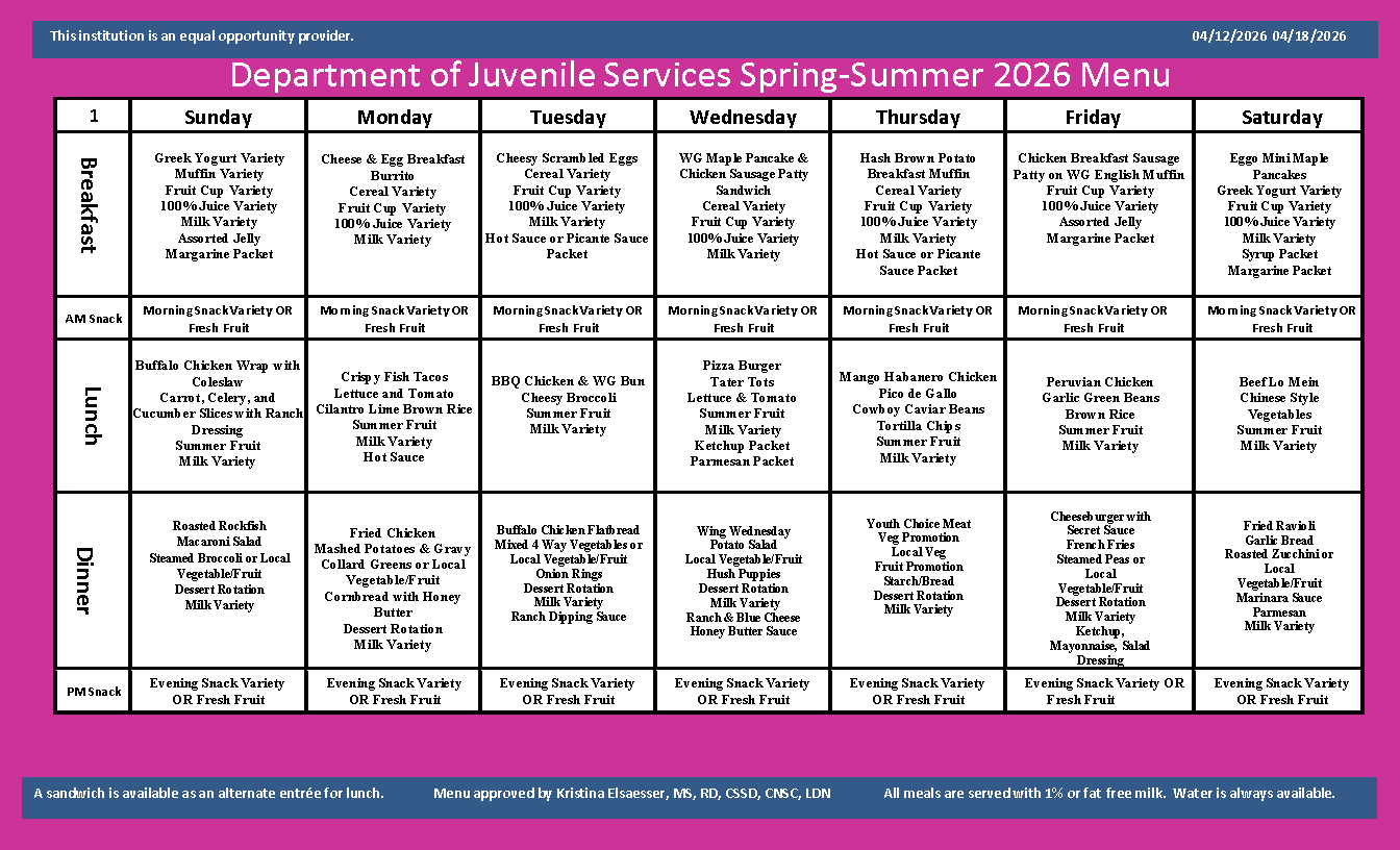 Department of Juvenile Services Menu April 12 2026