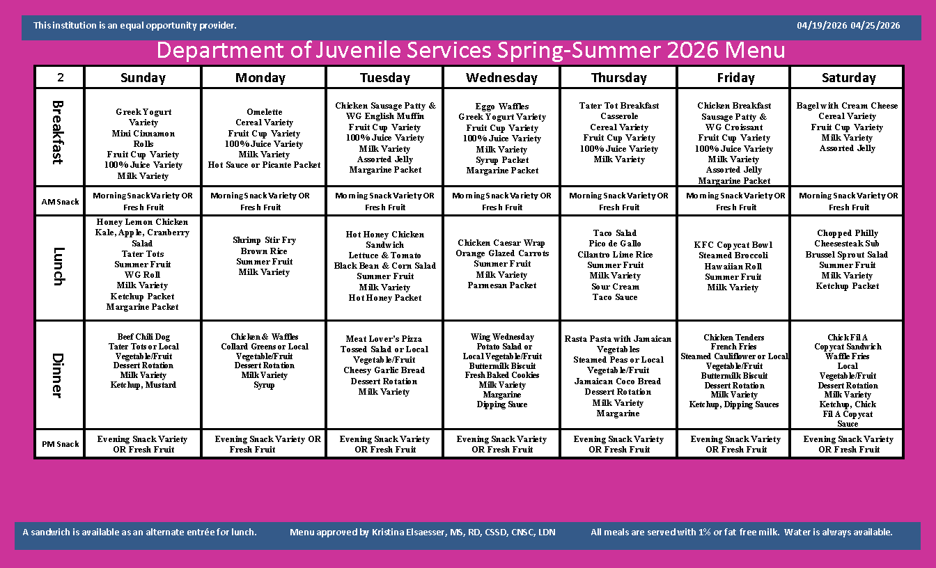 Department of Juvenile Services Menu April 19 2026