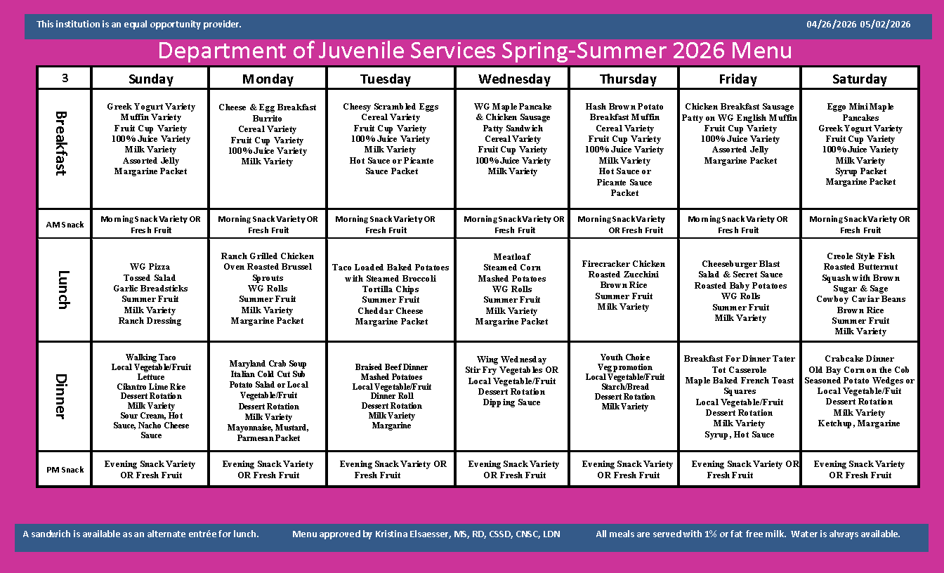 Department of Juvenile Services Menu May 2 2026