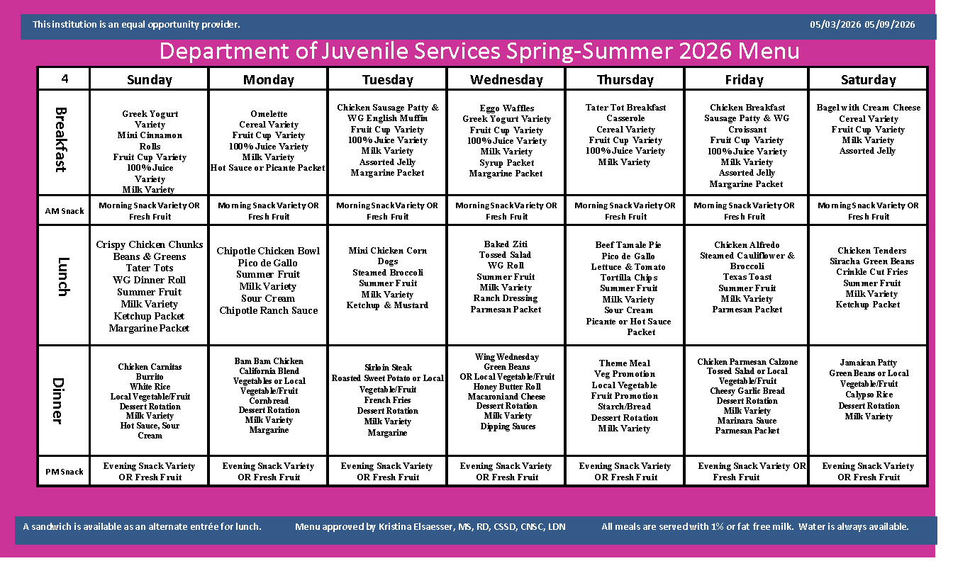 Department of Juvenile Services Menu May 3 2026