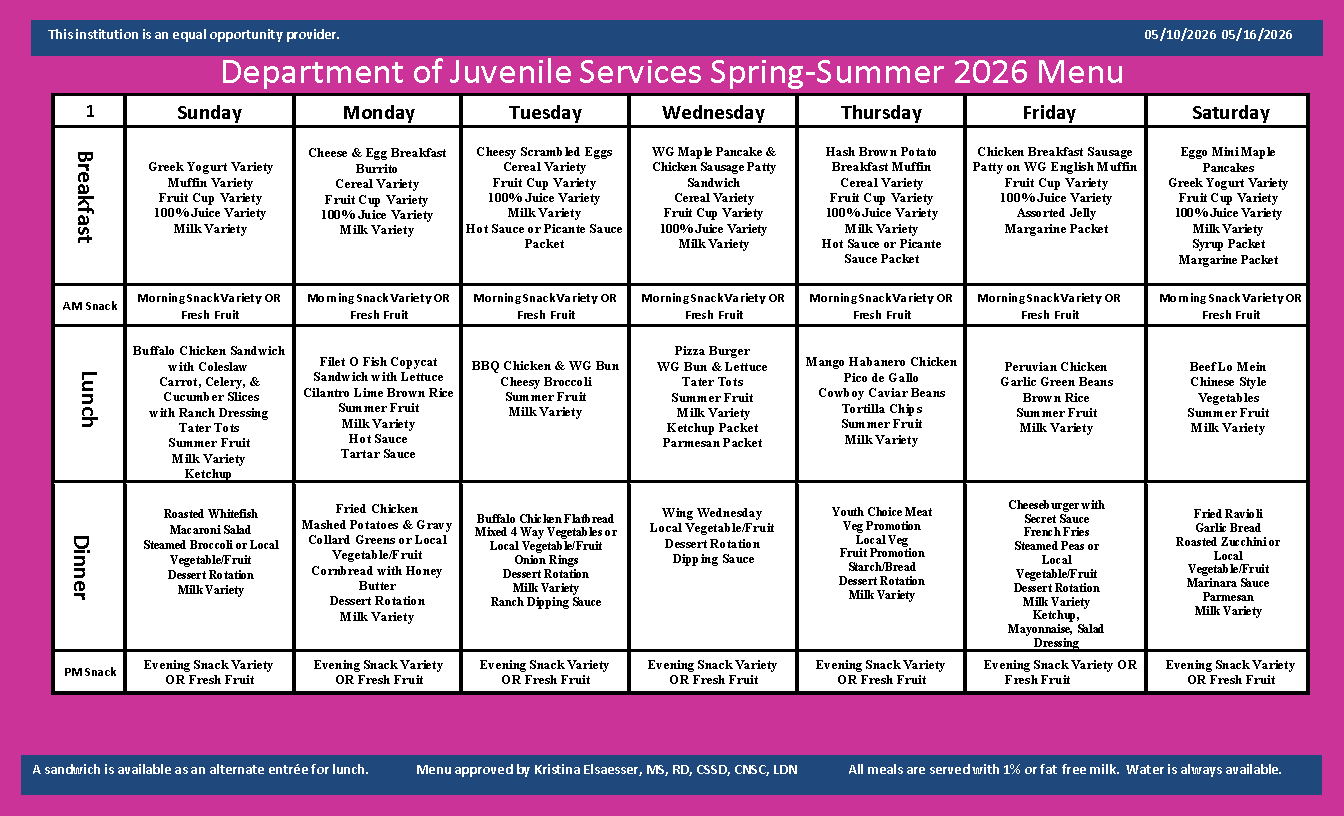 Department of Juvenile Services Menu May 10 2026