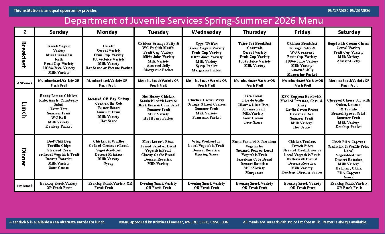 Department of Juvenile Services Menu May 17 2026