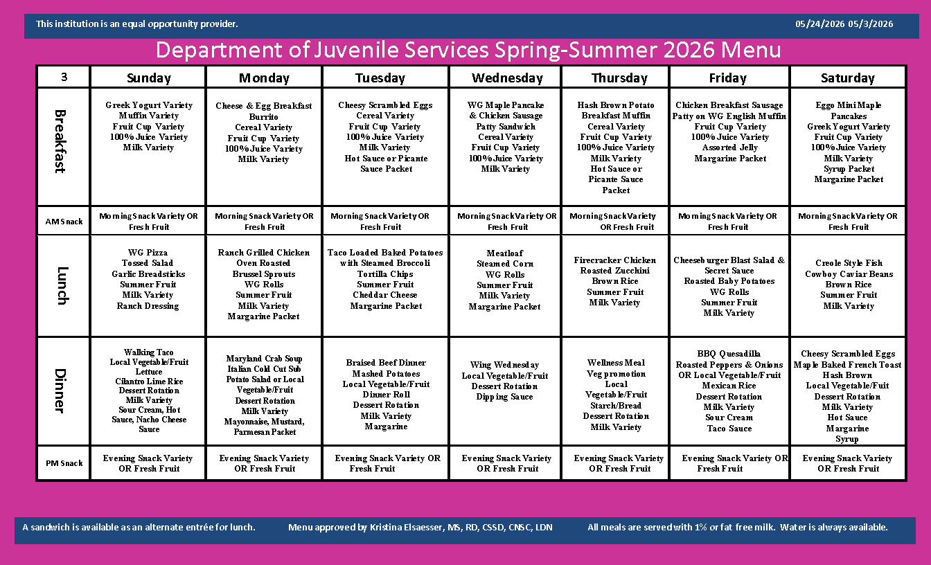 Department of Juvenile Services Menu May 23 2026