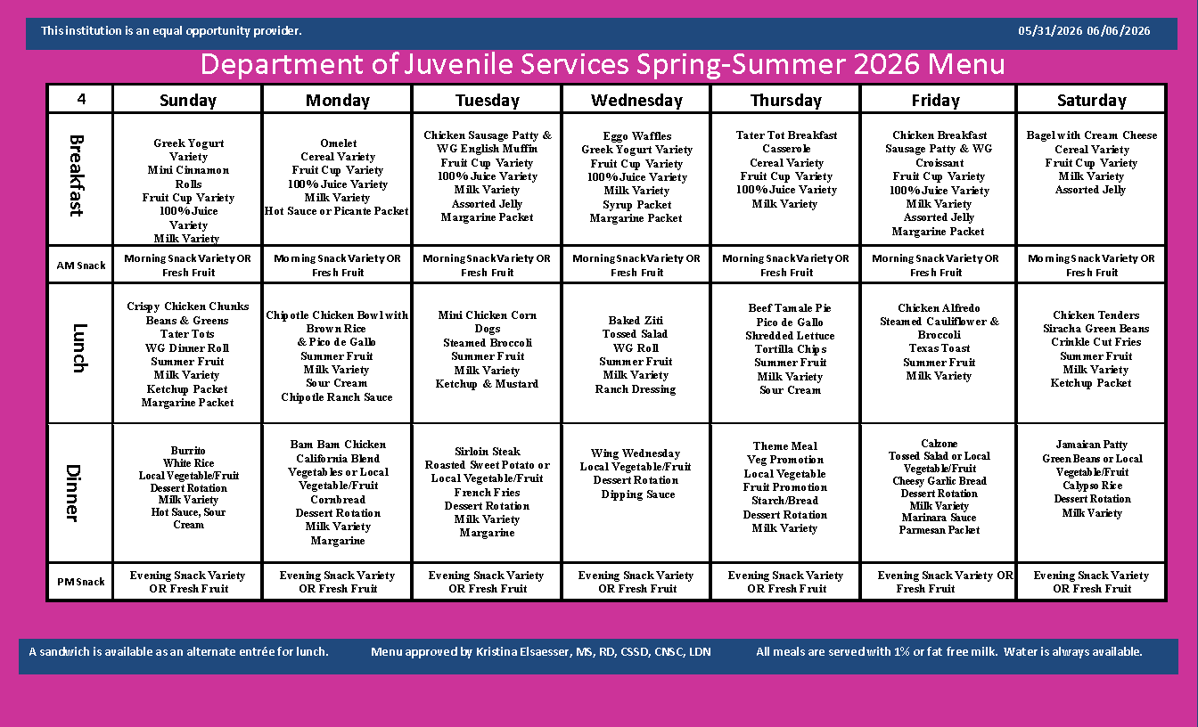 Department of Juvenile Services Menu May 31 2026