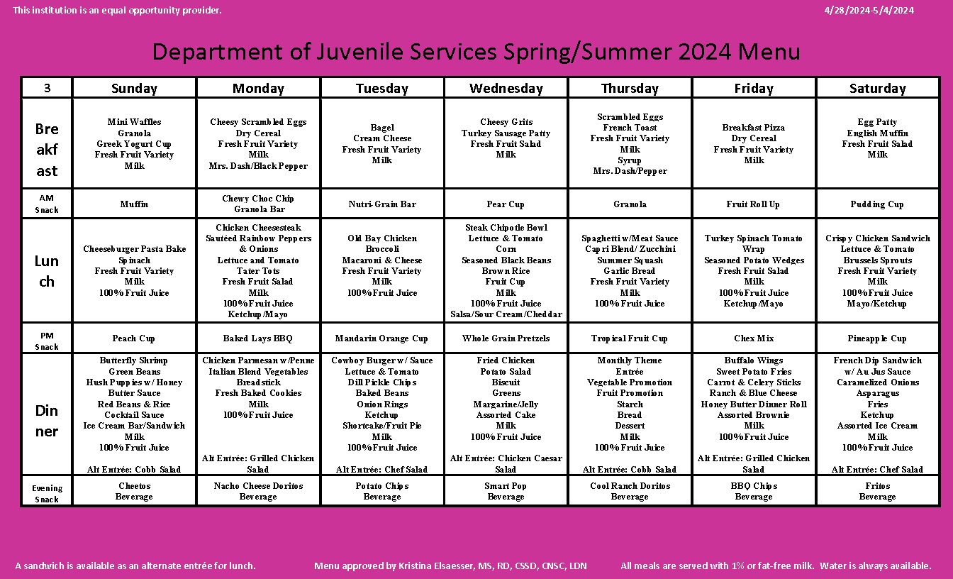 Department of Juvenile Services Menu April 28 2024