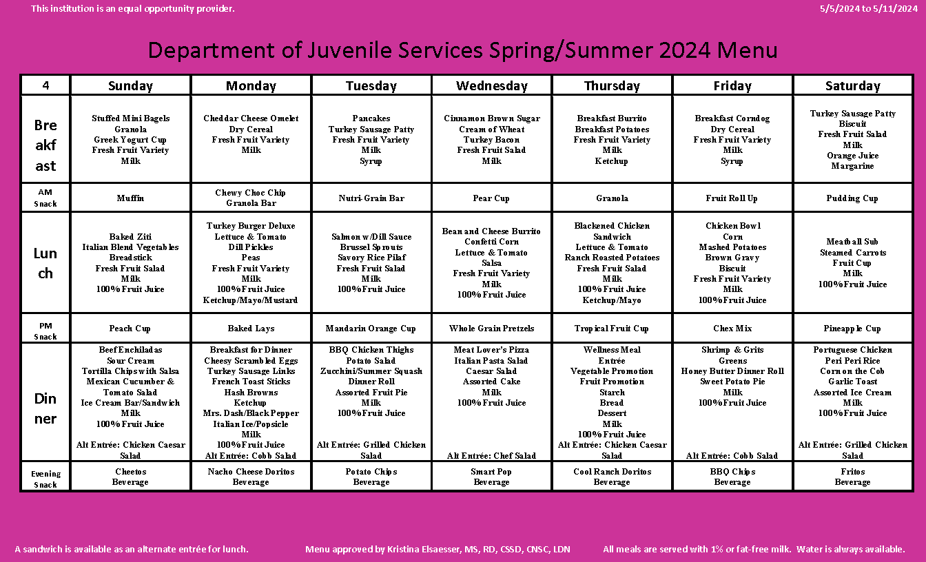 Department of Juvenile Services Menu May 5 2024