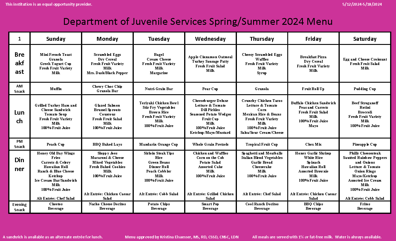 Department of Juvenile Services Menu May 12 2024