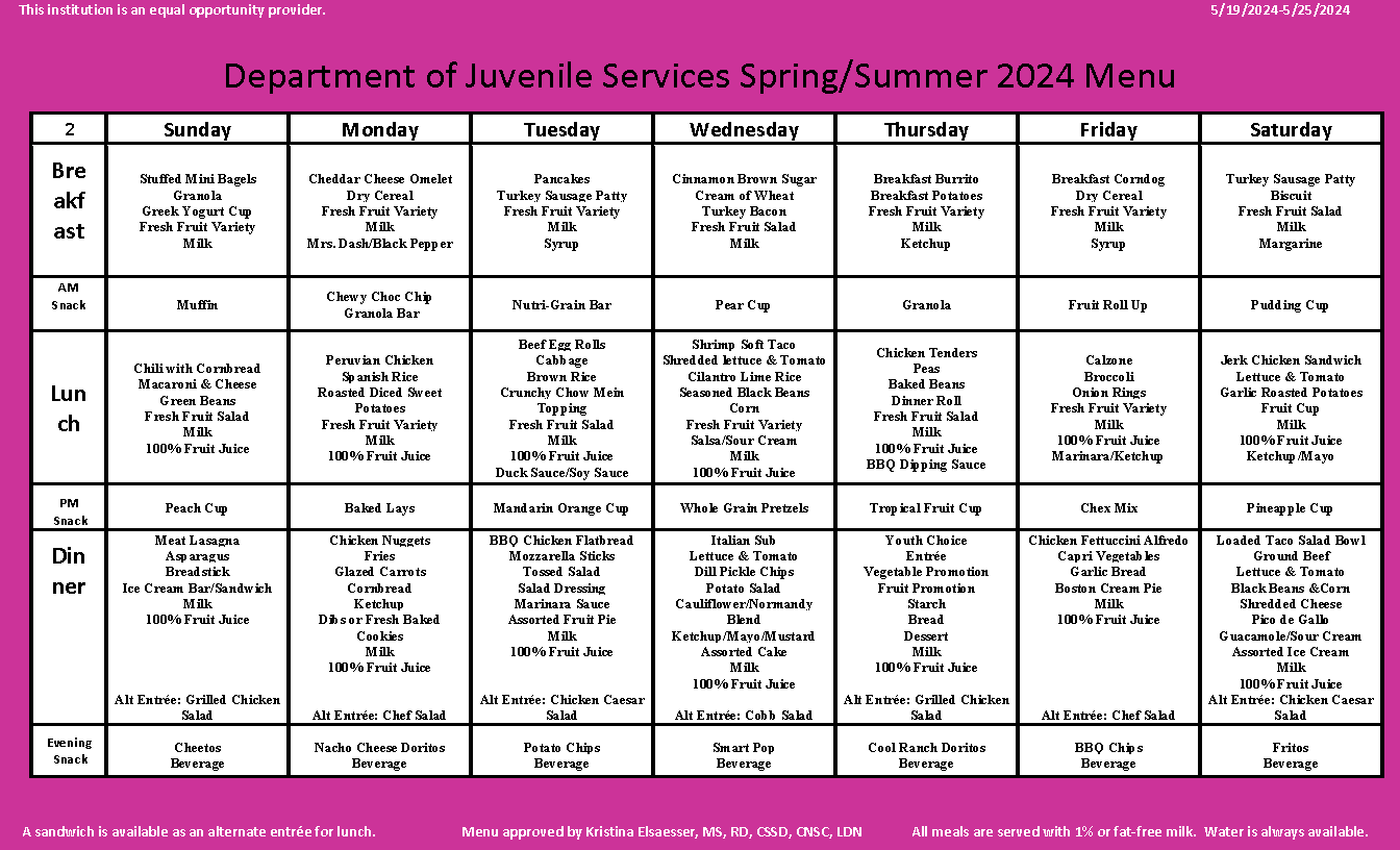 Department of Juvenile Services Menu May 19 2024