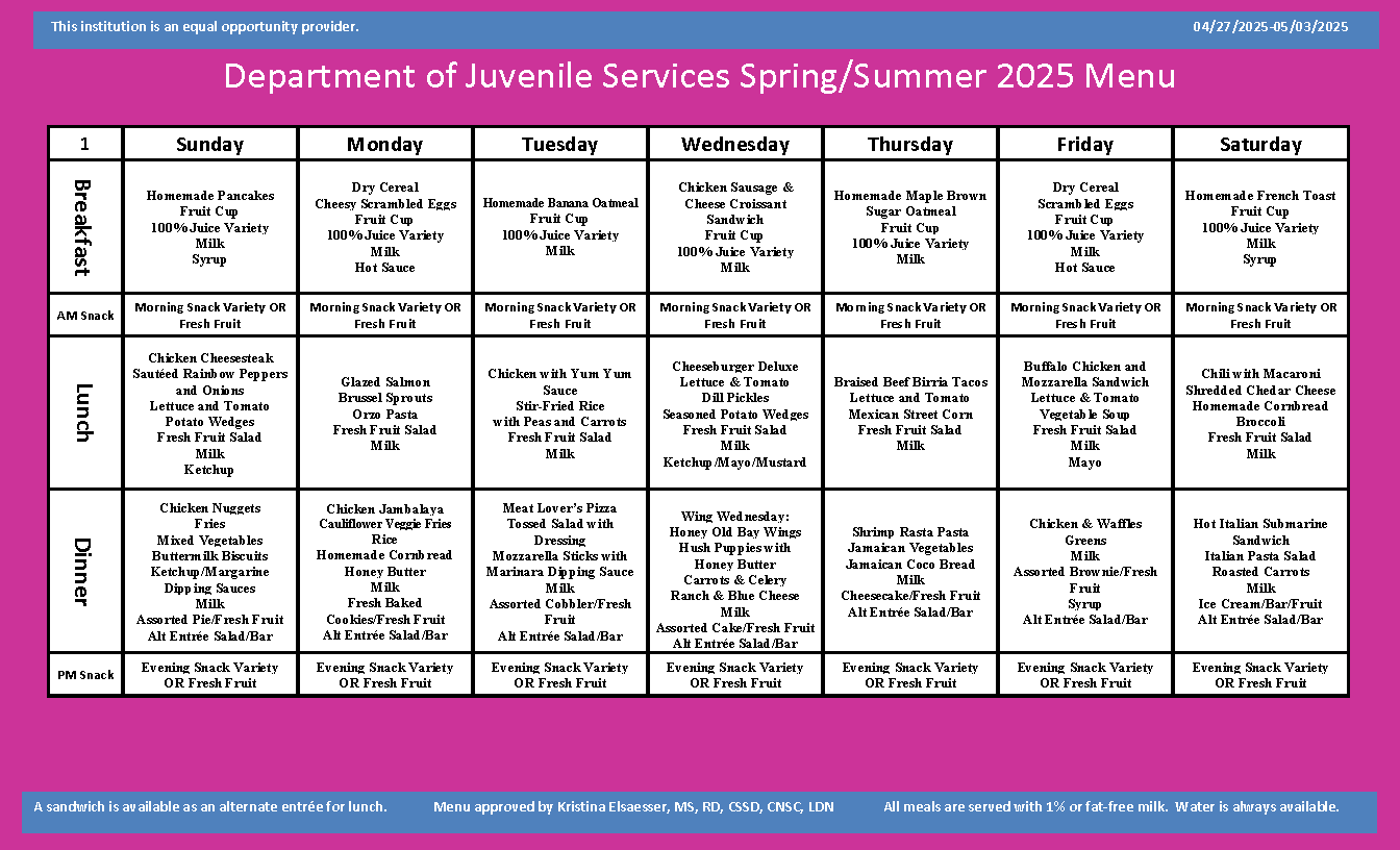 Department of Juvenile Services Menu April 27 2025