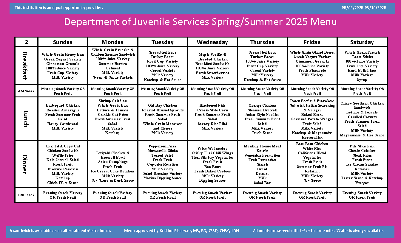 Department of Juvenile Services Menu May 4 2025