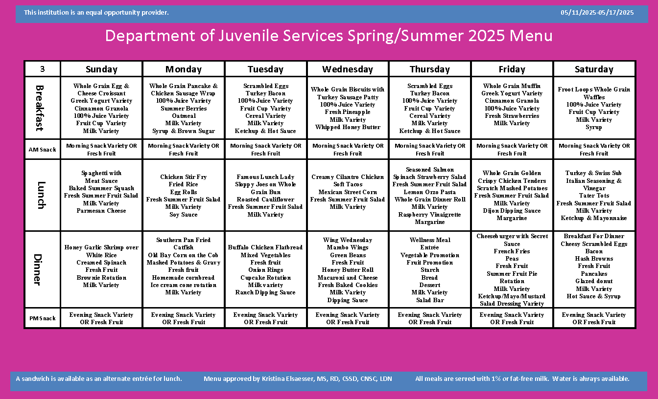 Department of Juvenile Services Menu May 11 2025