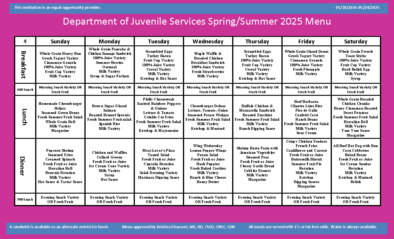 Department of Juvenile Services Menu May 18 2025